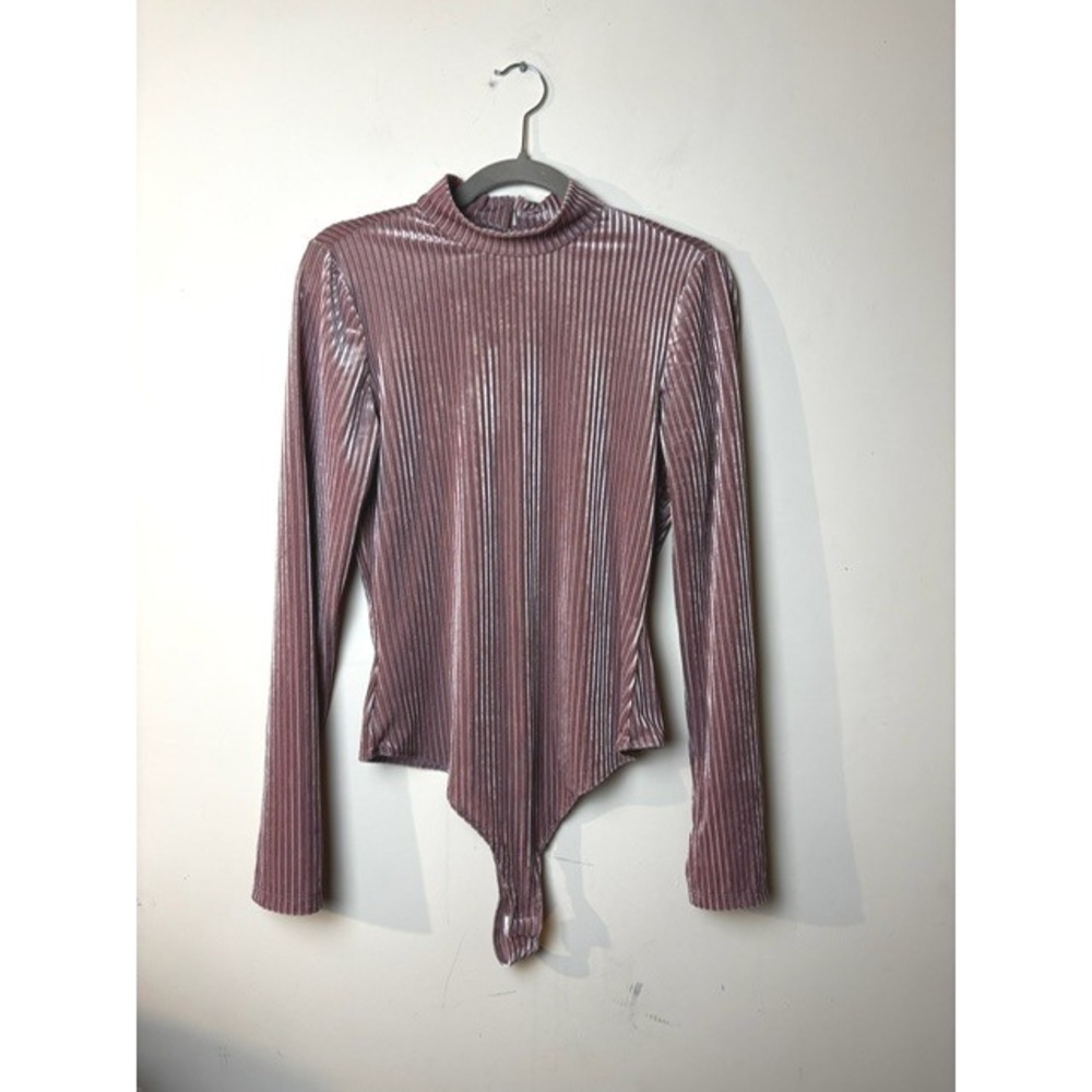 IRIS Rose Gold‎ Size L Bodysuit Ribbed Crinkled Velvet Mock Neck Long Sleeve